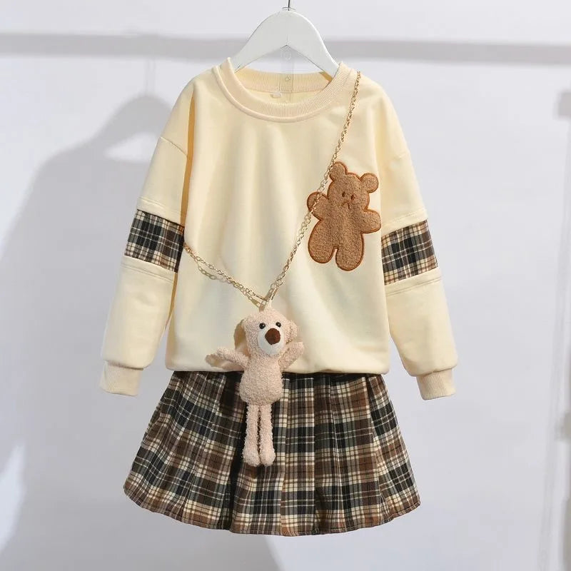 Mädchen 3-teiliges Set – Bären-Sweatshirt & Karorock, Herbst