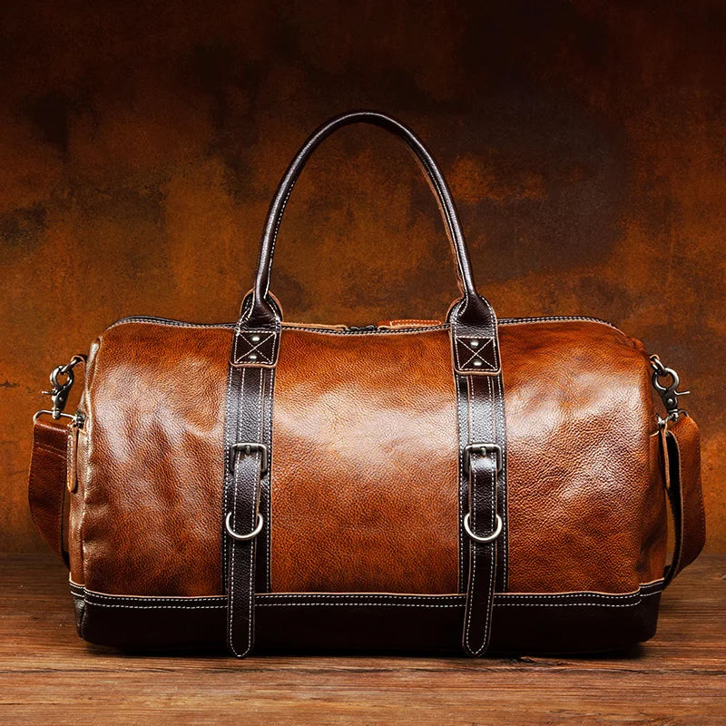 Handmade Vegetable Tanned Leather Travel Bag – Men's Retro Duffle