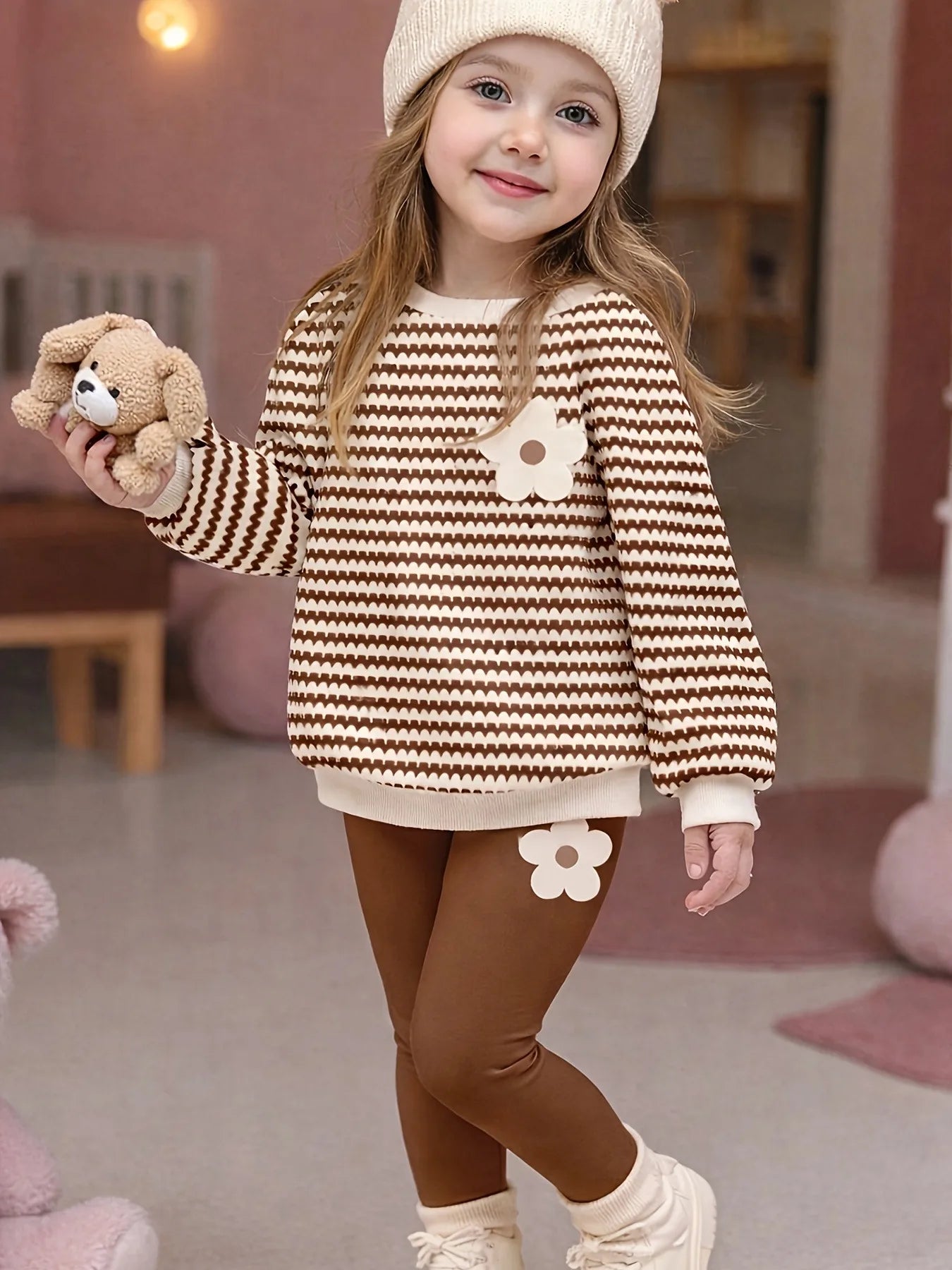 Mädchen 2-teiliges Set – Gestreifter Pullover mit 3D-Blumen & Leggings, Sommer
