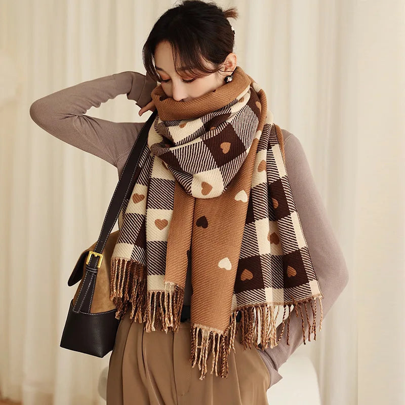 Damen Schal – Herzmuster & Karo, Großes Tuch, Herbst/Winter
