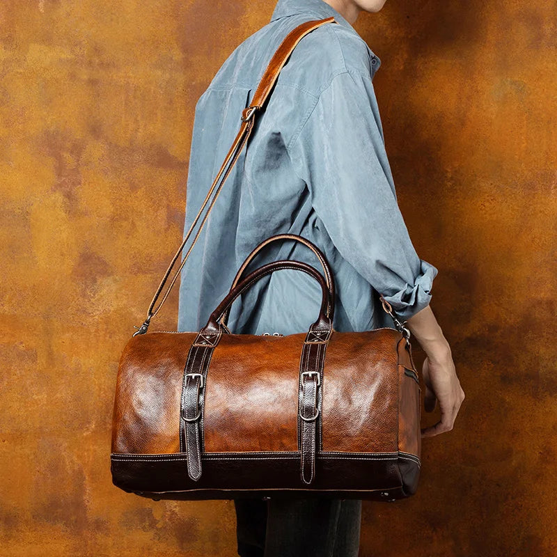 Handmade Vegetable Tanned Leather Travel Bag – Men's Retro Duffle