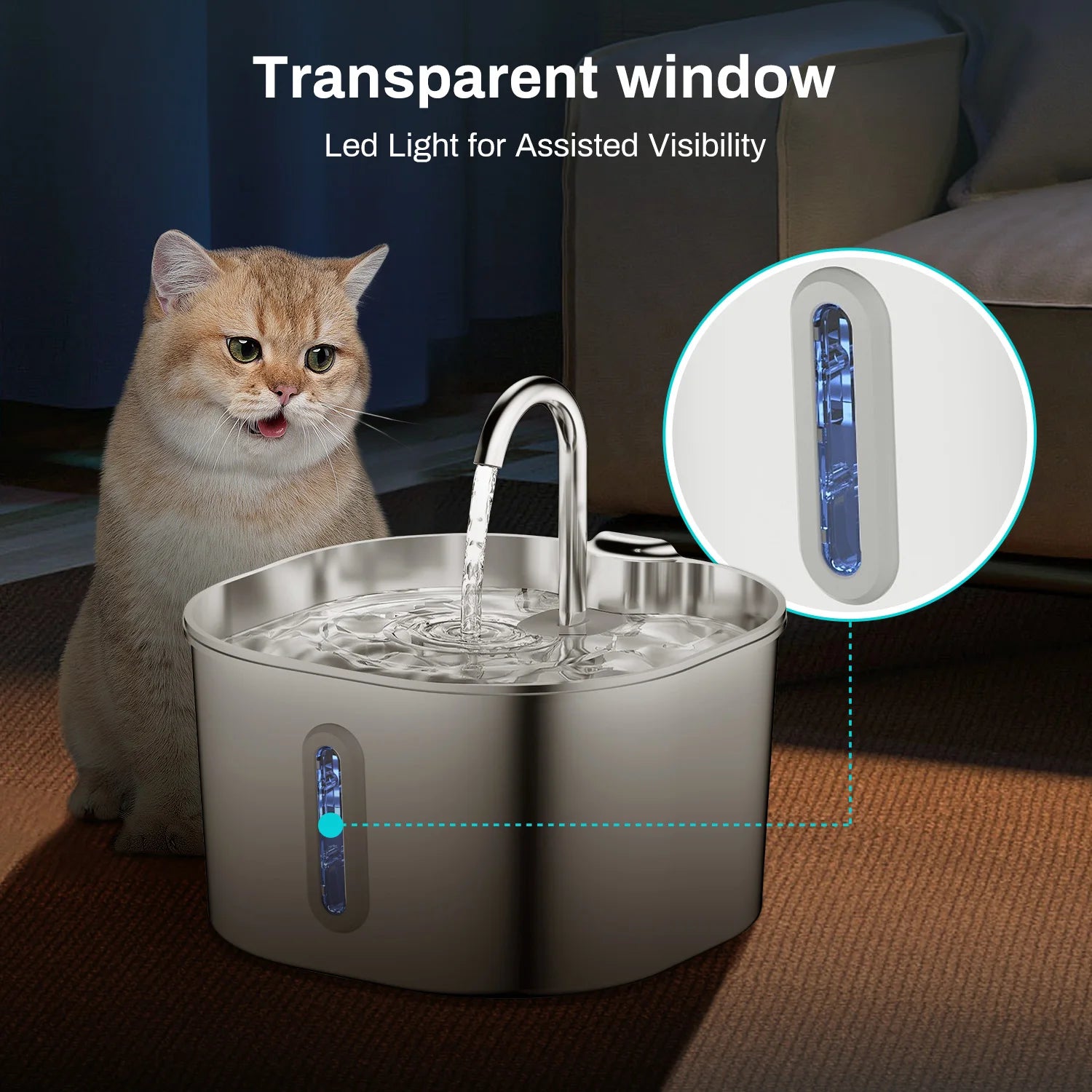 Automatischer Katzenwasserspender 2,2L – Edelstahl, Eckig, Mit Sensor & Filter