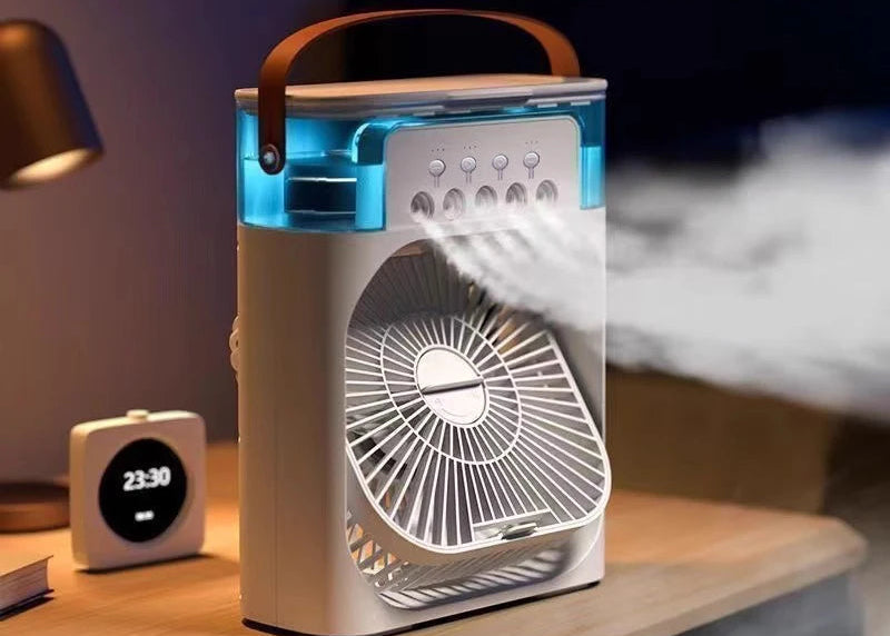3-in-1 Mini Air Cooler – Ventilator, Luftbefeuchter & LED-Licht | Portable USB Fan
