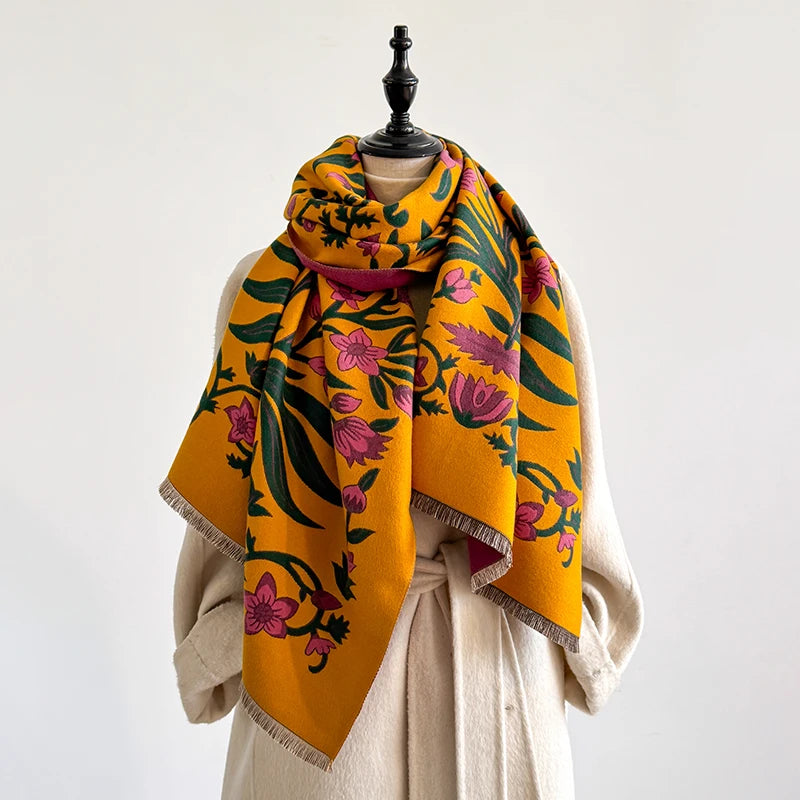 Damen Pashmina-Schal – Blumen-Jacquard, Doppelseitig & Warm, Winter