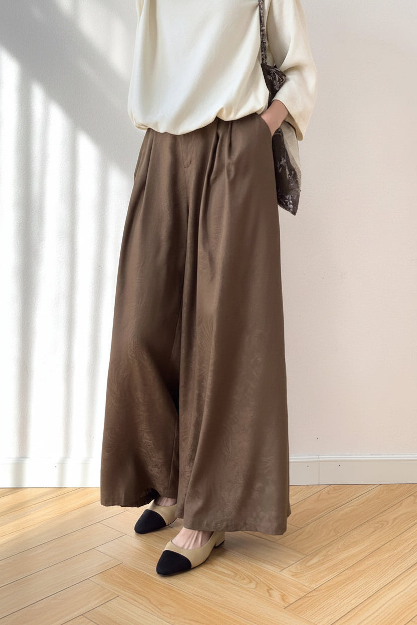 CHEVVAL Seiden-Jacquard-Weithose Damen · Women's 100% Mulberry Silk Jacquard Wide-Leg Pants