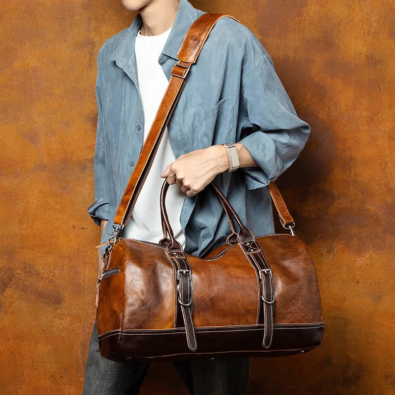Handmade Vegetable Tanned Leather Travel Bag – Men's Retro Duffle