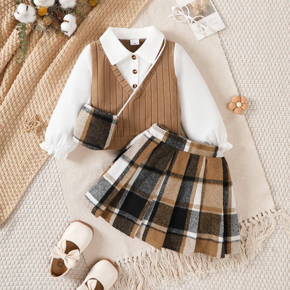 Mädchen 3-teiliges Set – Top, Karorock & Mini-Tasche, Herbst