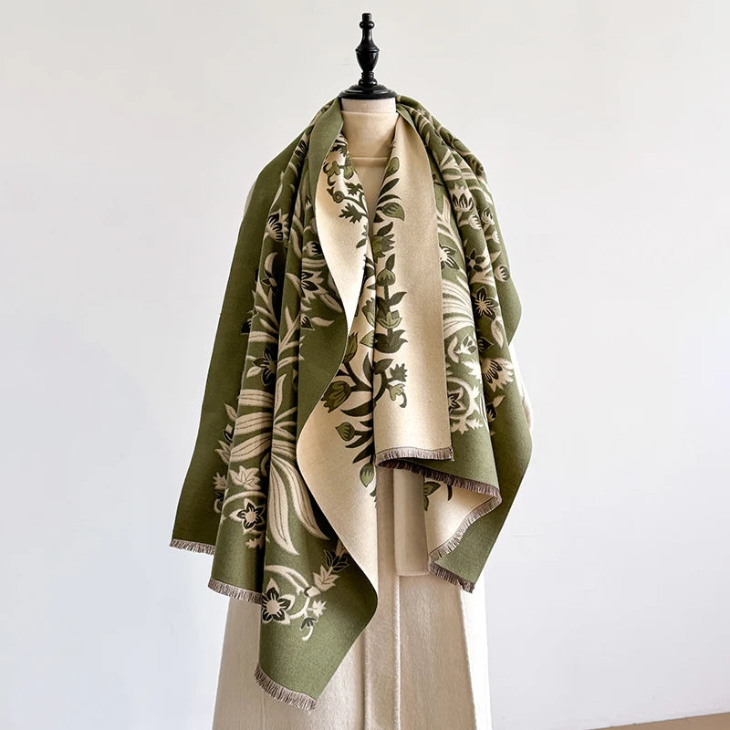 Damen Pashmina-Schal – Blumen-Jacquard, Doppelseitig & Warm, Winter