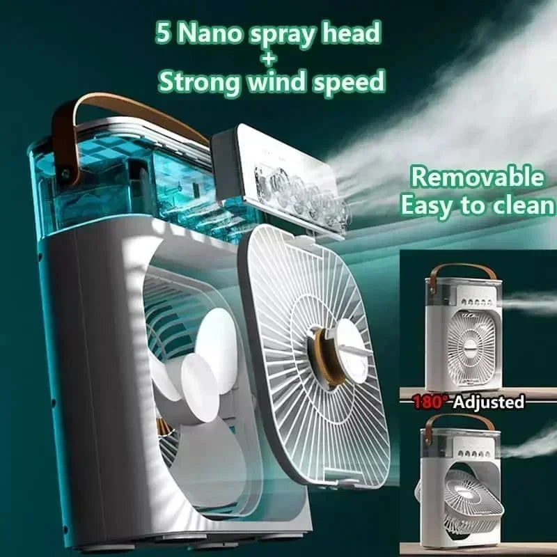 3-in-1 Mini Air Cooler – Ventilator, Luftbefeuchter & LED-Licht | Portable USB Fan