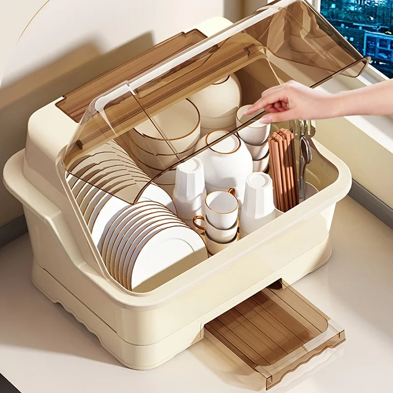 Geschirrständer mit Deckel – Staubschutz, Abtropfschale & Besteckorganizer