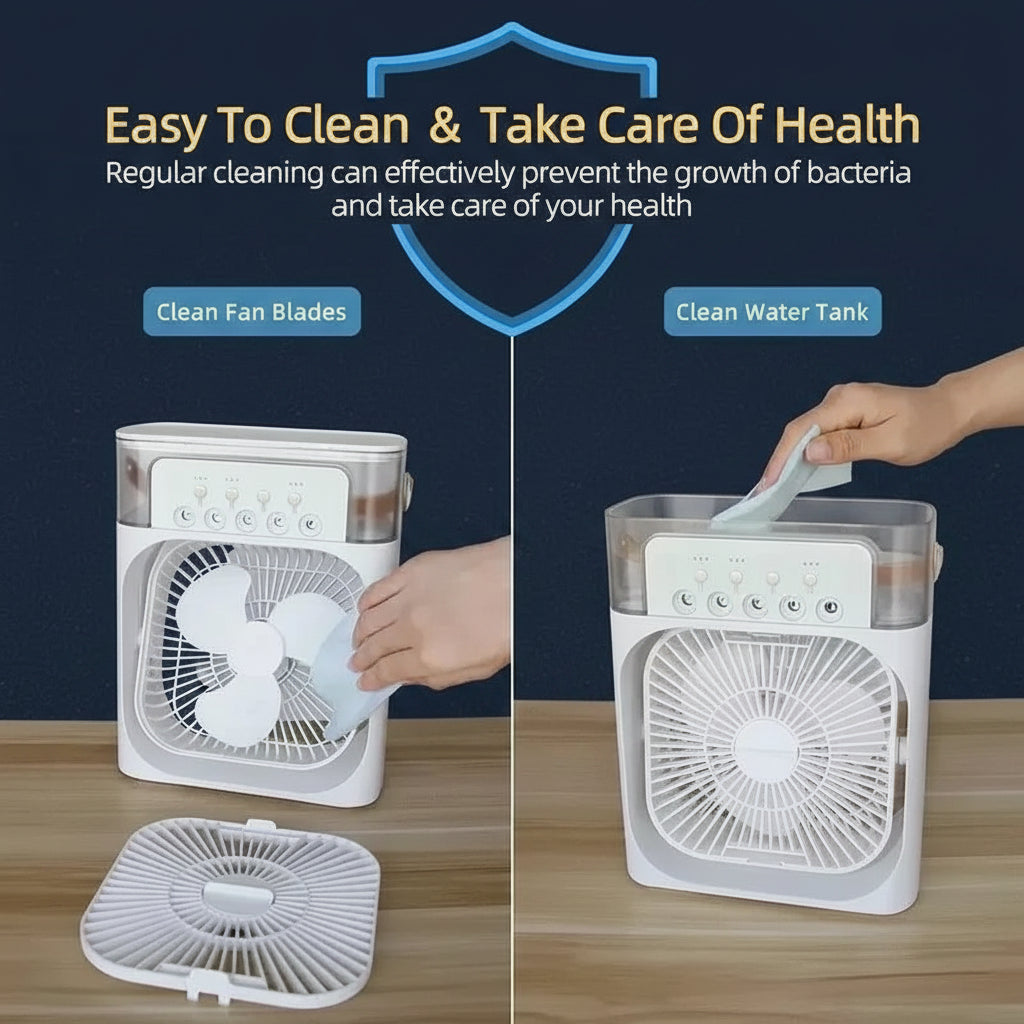3-in-1 Mini Air Cooler – Ventilator, Luftbefeuchter & LED-Licht | Portable USB Fan