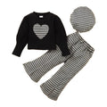 Mädchen 3-teiliges Set – Langarm-Top mit Herzprint, Karomuster-Hose & Mütze
