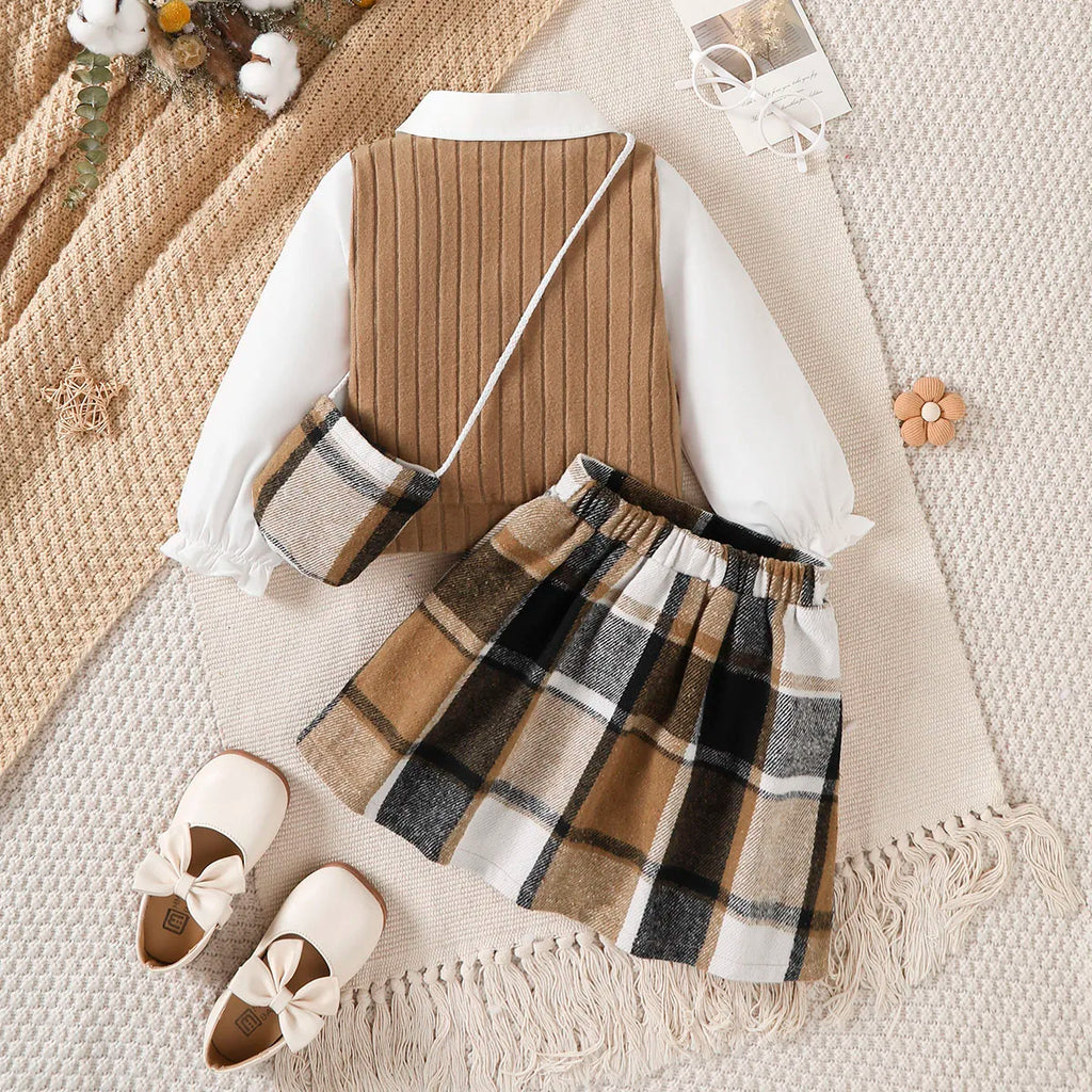 Mädchen 3-teiliges Set – Top, Karorock & Mini-Tasche, Herbst