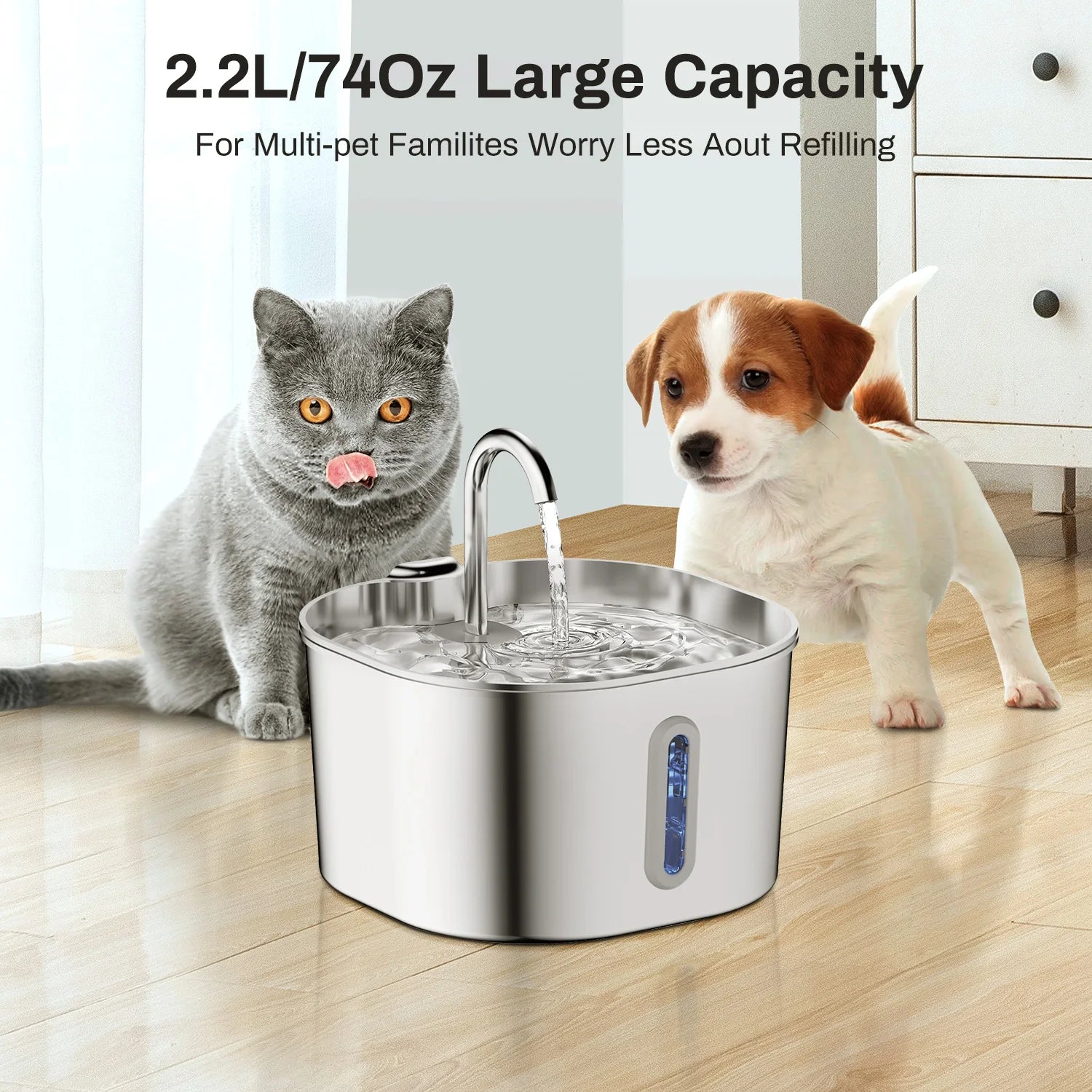 Automatischer Katzenwasserspender 2,2L – Edelstahl, Eckig, Mit Sensor & Filter