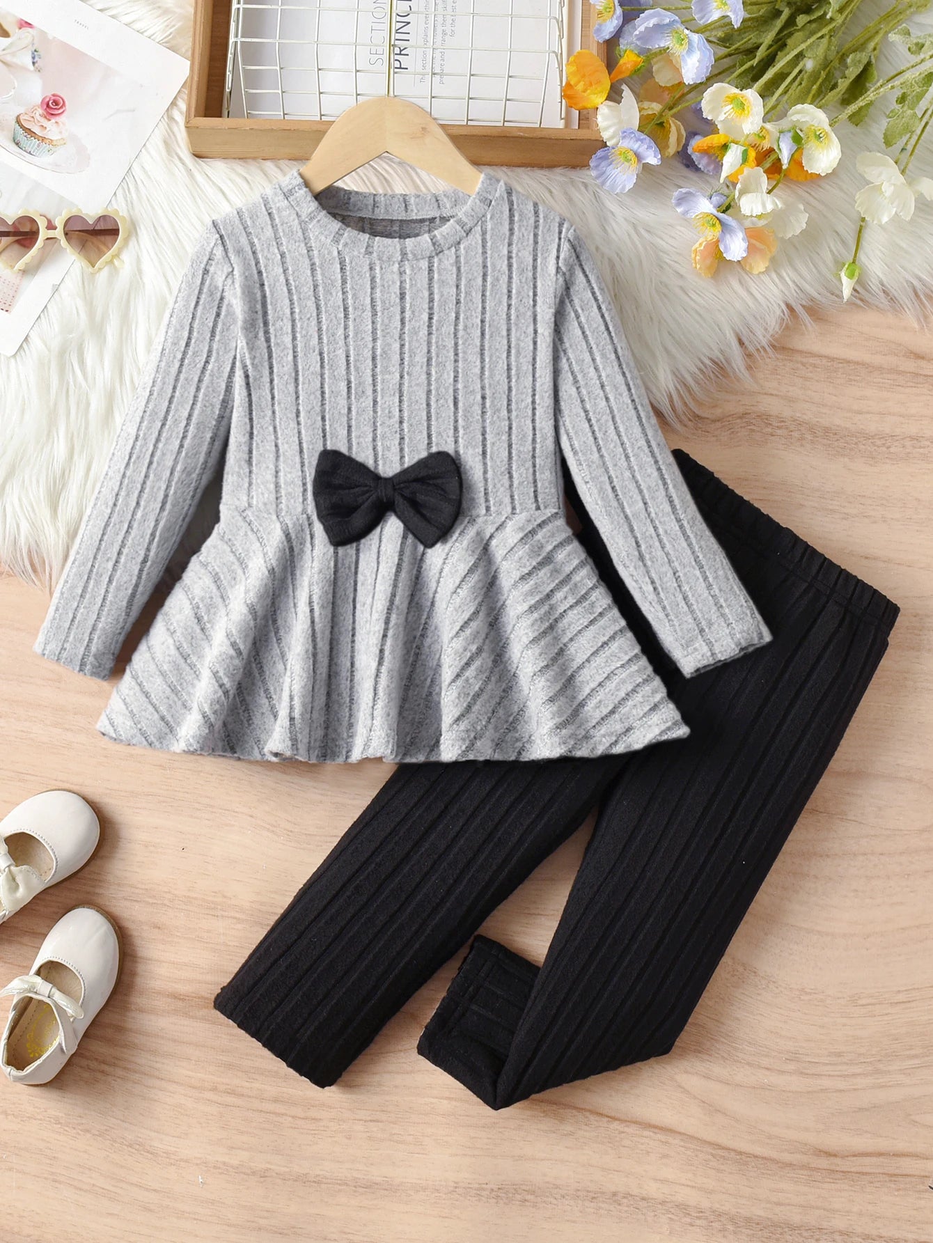 Mädchen Langarm-Set – Rundhals mit Schleife & Hose