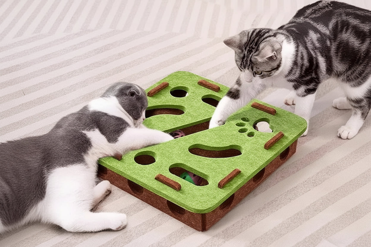 Katzen-Puzzle-Box aus Filz – Interaktives Spielzeug mit Ball & Kratzbrett