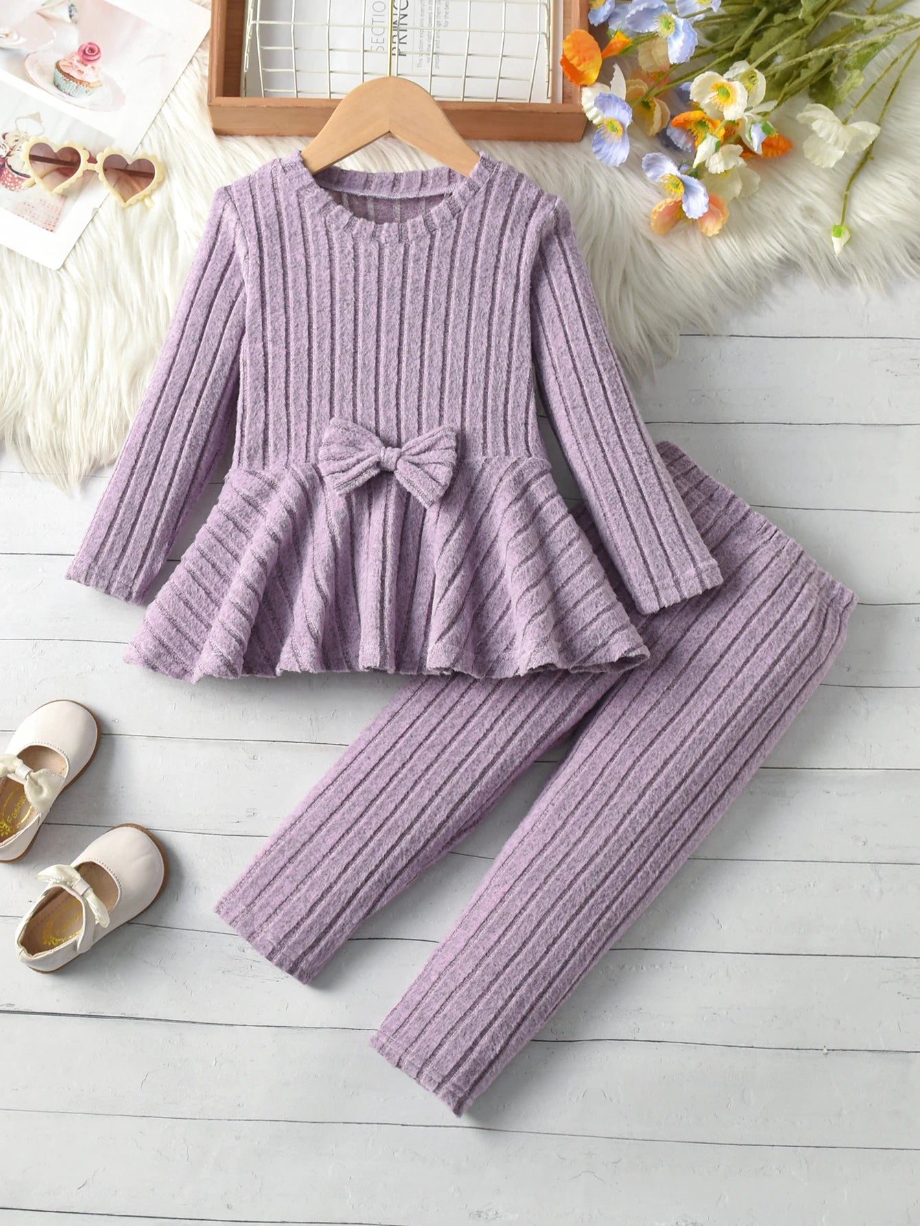 Mädchen Langarm-Set – Rundhals mit Schleife & Hose