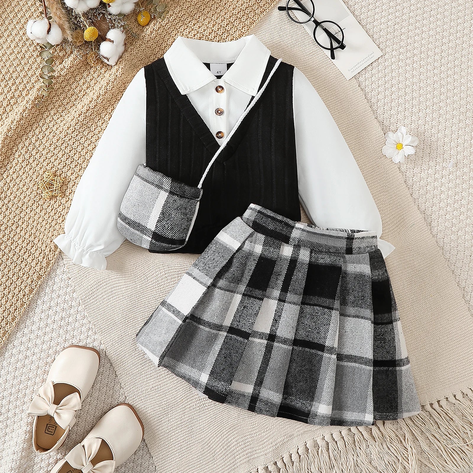 Mädchen 3-teiliges Set – Top, Karorock & Mini-Tasche, Herbst