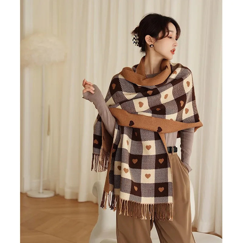 Damen Schal – Herzmuster & Karo, Großes Tuch, Herbst/Winter