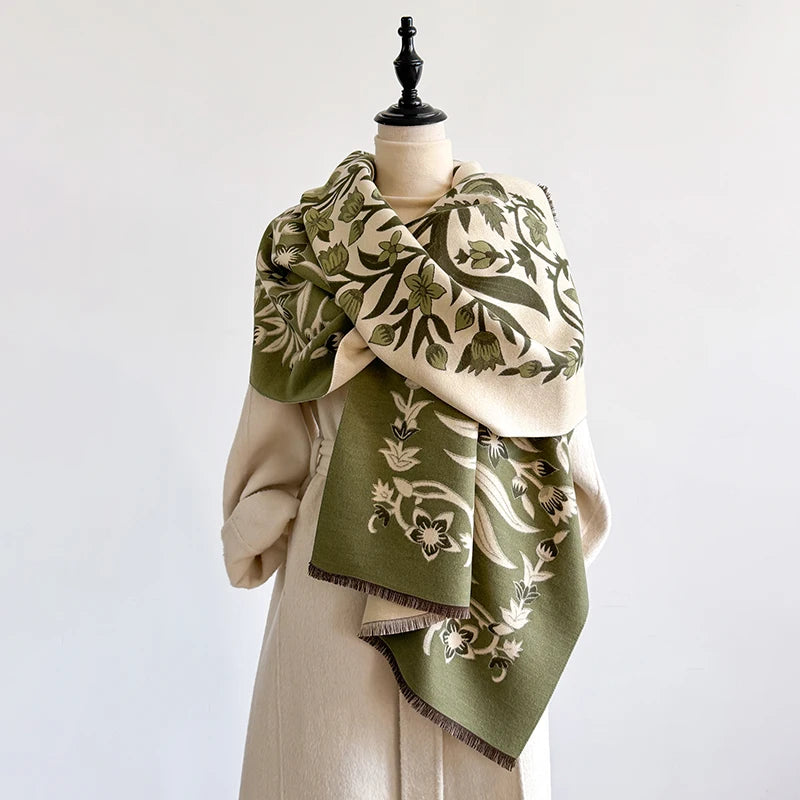 Damen Pashmina-Schal – Blumen-Jacquard, Doppelseitig & Warm, Winter