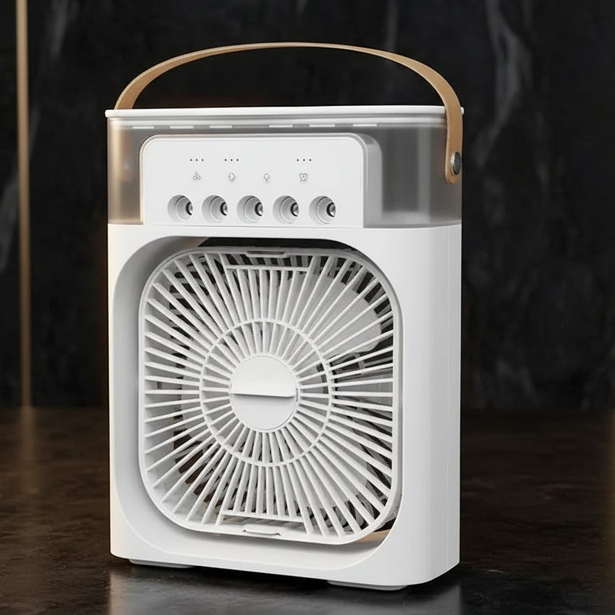 3-in-1 Mini Air Cooler – Ventilator, Luftbefeuchter & LED-Licht | Portable USB Fan