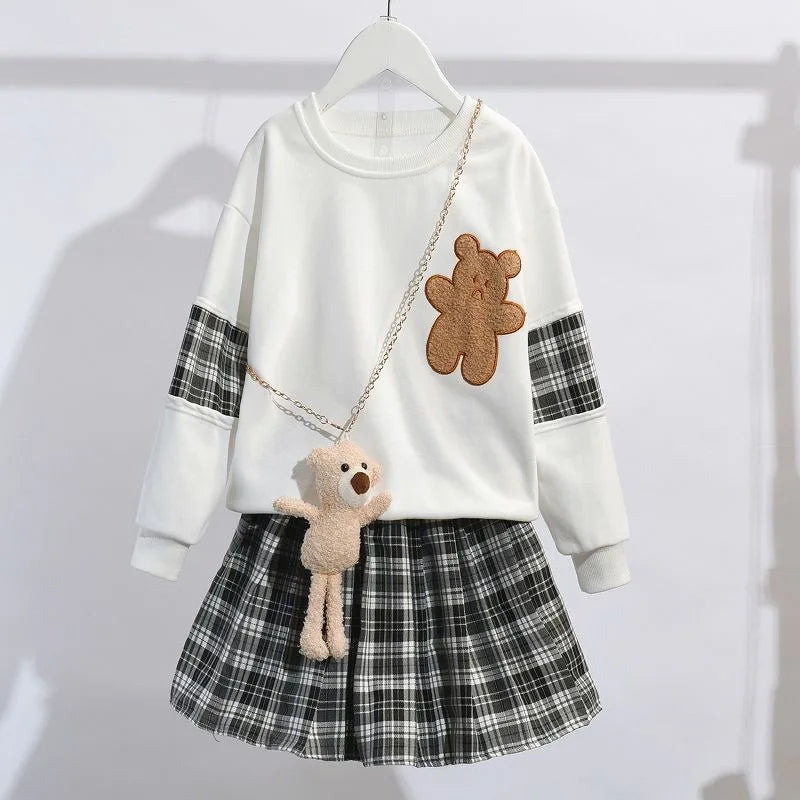 Mädchen 3-teiliges Set – Bären-Sweatshirt & Karorock, Herbst