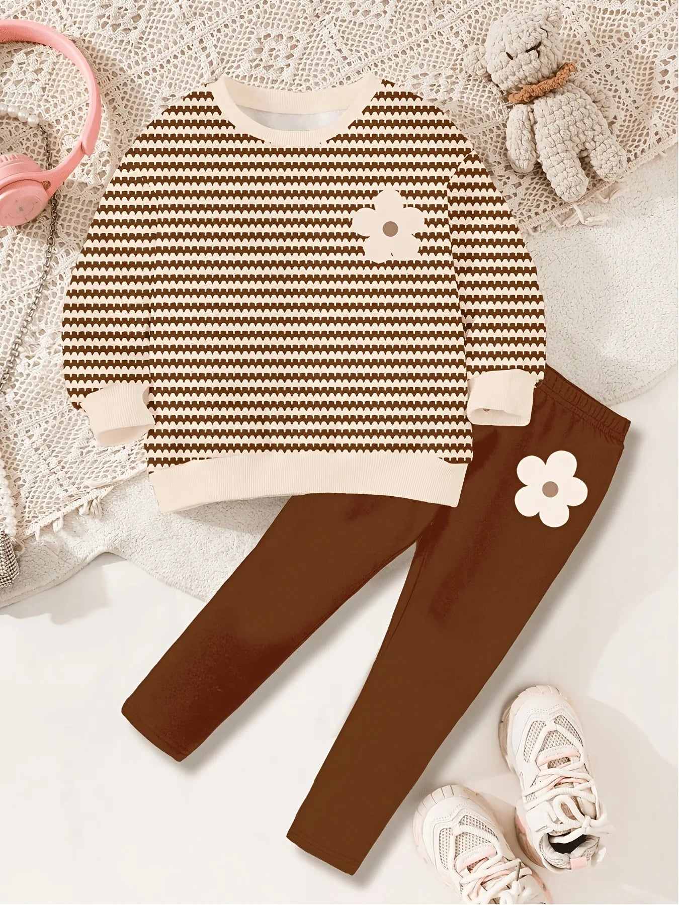 Mädchen 2-teiliges Set – Gestreifter Pullover mit 3D-Blumen & Leggings, Sommer