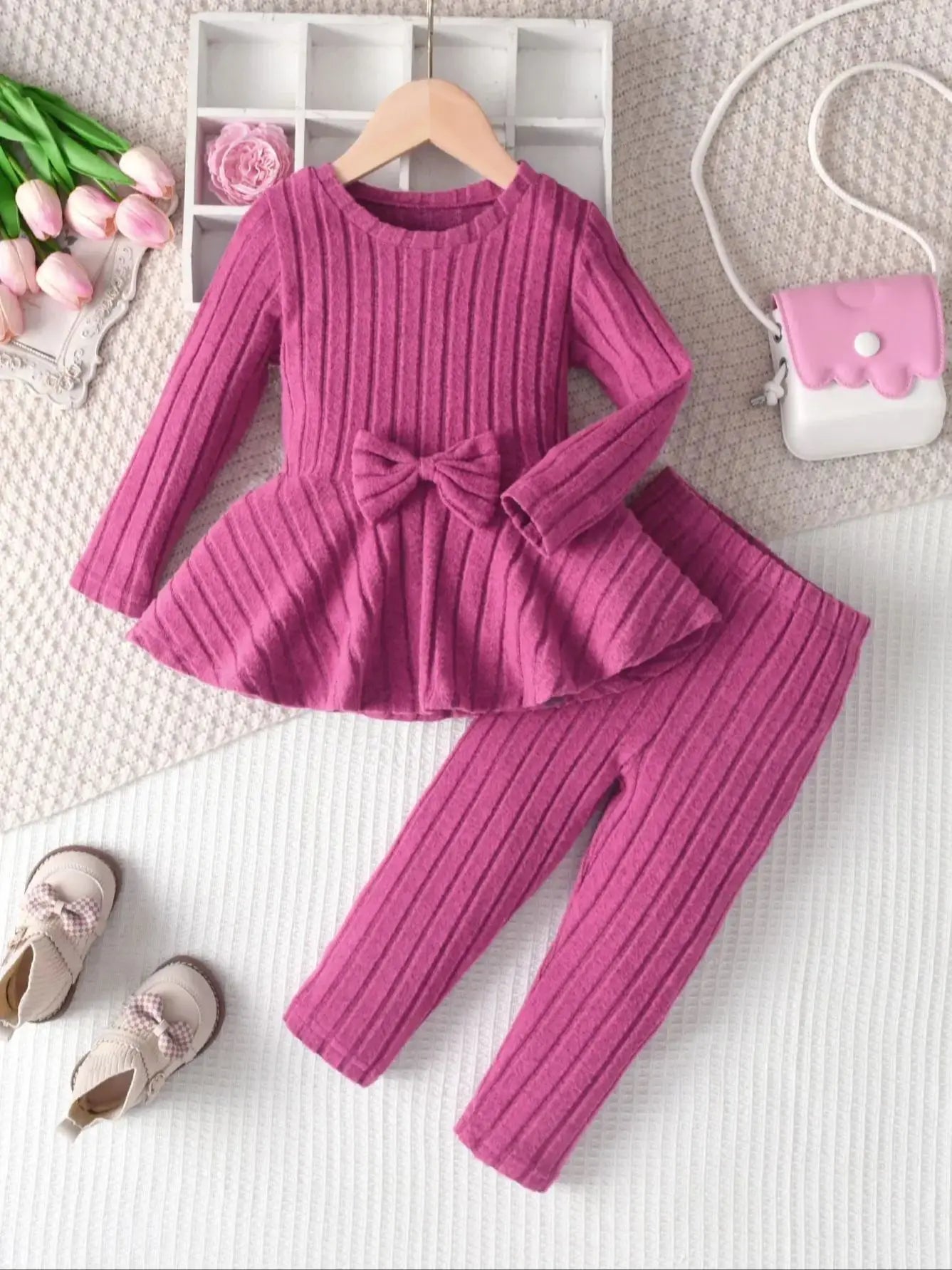 Mädchen Langarm-Set – Rundhals mit Schleife & Hose