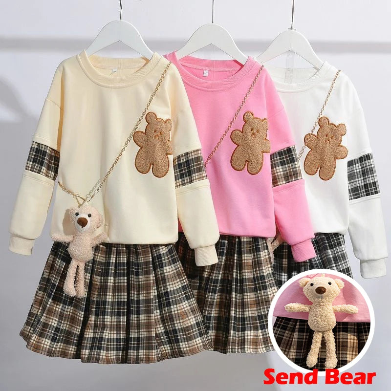 Mädchen 3-teiliges Set – Bären-Sweatshirt & Karorock, Herbst