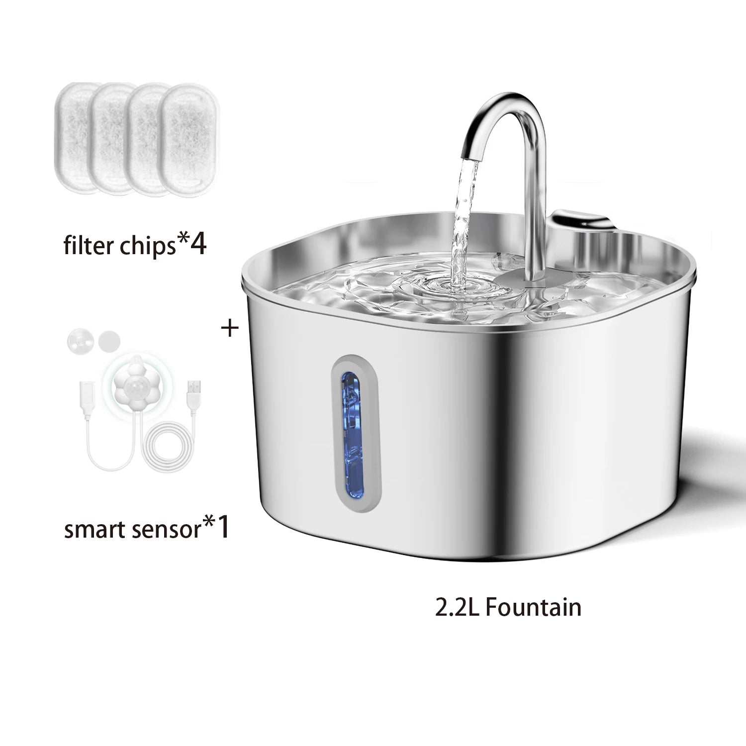 Automatischer Katzenwasserspender 2,2L – Edelstahl, Eckig, Mit Sensor & Filter
