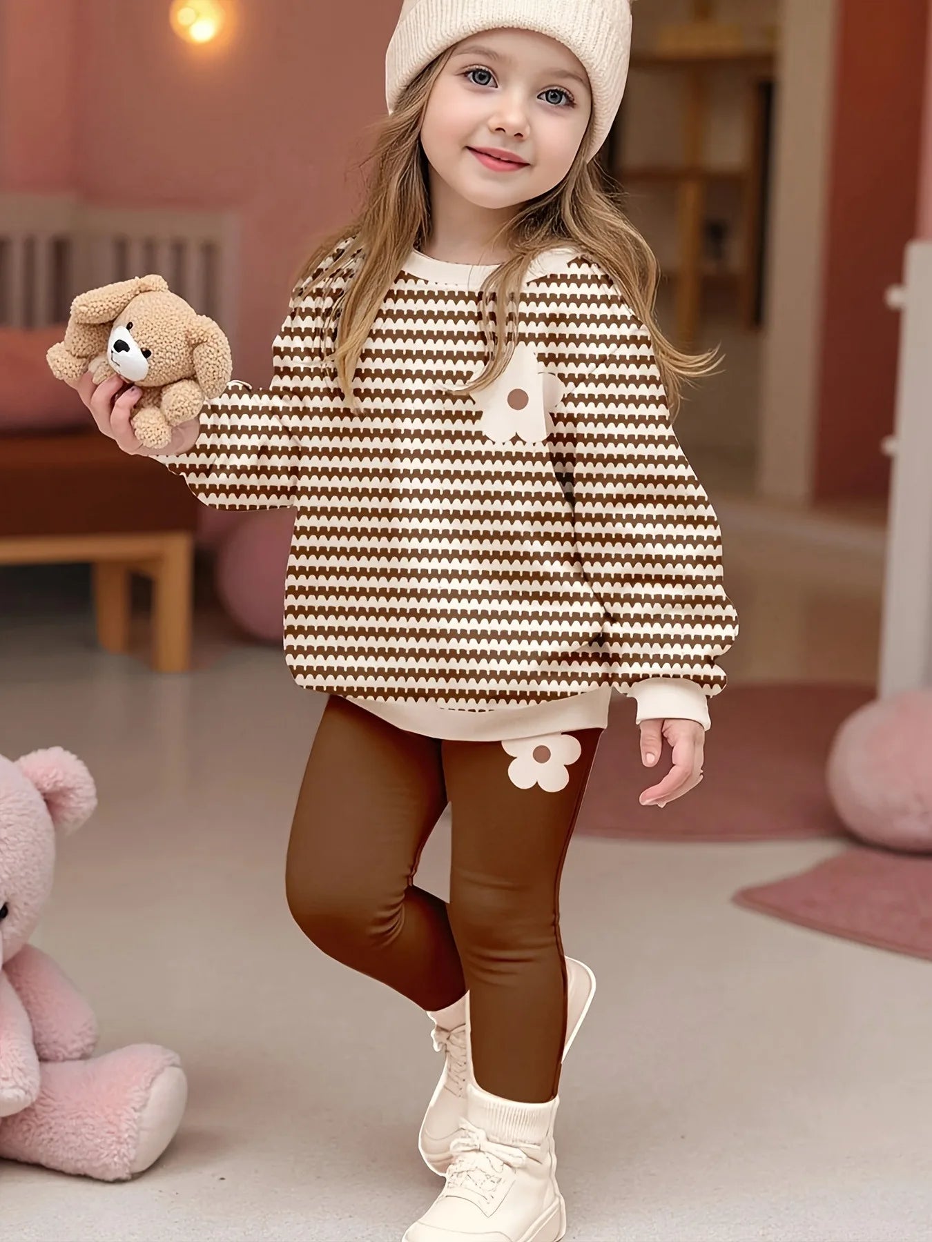 Mädchen 2-teiliges Set – Gestreifter Pullover mit 3D-Blumen & Leggings, Sommer