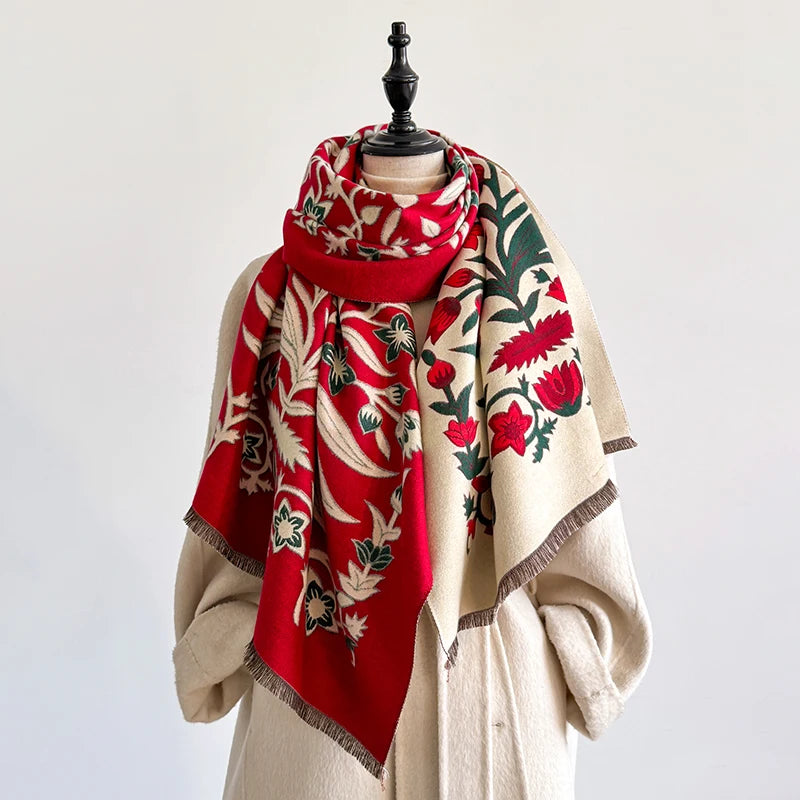 Damen Pashmina-Schal – Blumen-Jacquard, Doppelseitig & Warm, Winter