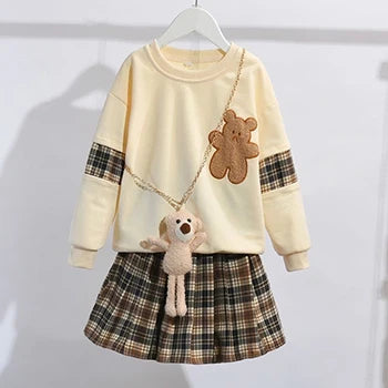 Mädchen 3-teiliges Set – Bären-Sweatshirt & Karorock, Herbst