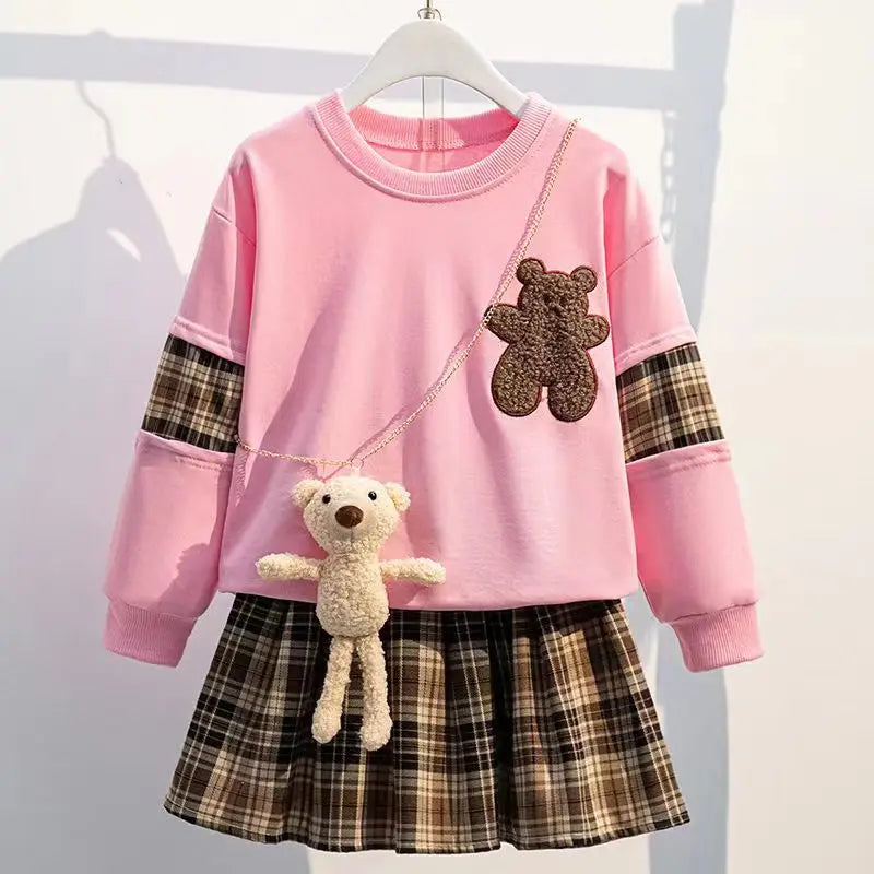 Mädchen 3-teiliges Set – Bären-Sweatshirt & Karorock, Herbst