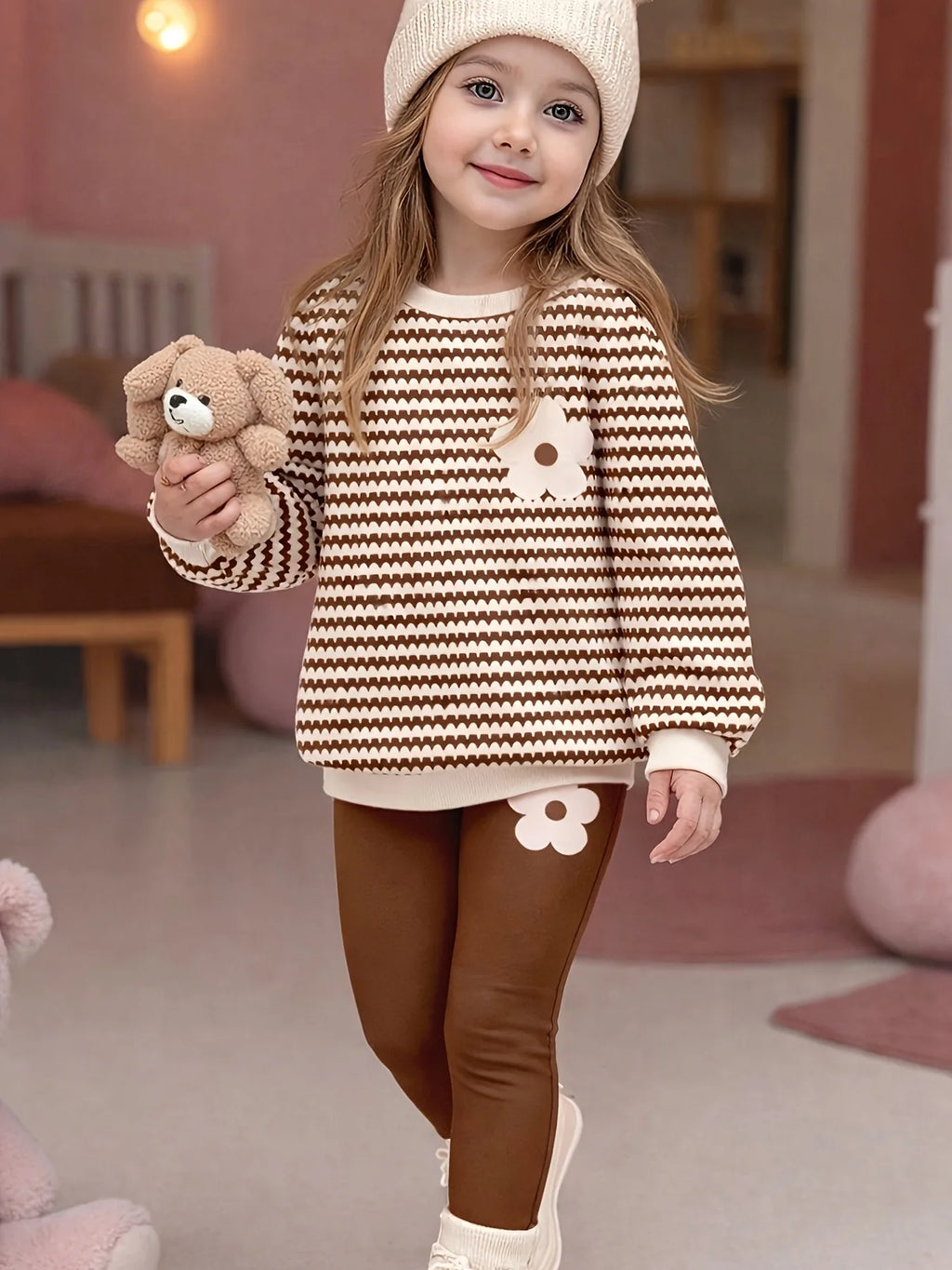 Mädchen 2-teiliges Set – Gestreifter Pullover mit 3D-Blumen & Leggings, Sommer
