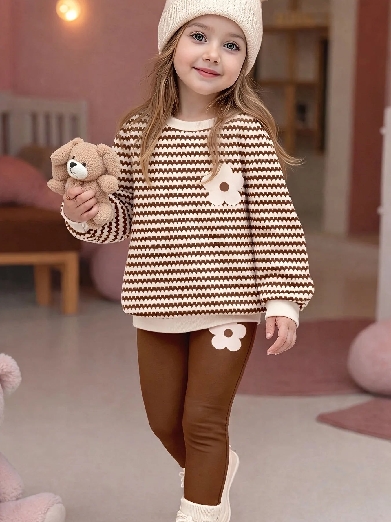 Mädchen 2-teiliges Set – Gestreifter Pullover mit 3D-Blumen & Leggings, Sommer