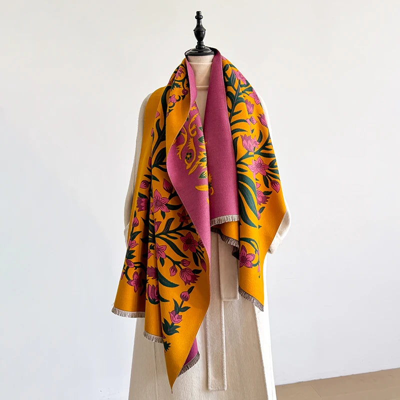 Damen Pashmina-Schal – Blumen-Jacquard, Doppelseitig & Warm, Winter