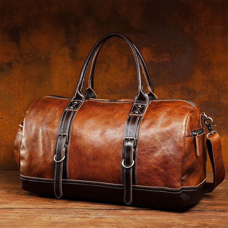 Handmade Vegetable Tanned Leather Travel Bag – Men's Retro Duffle