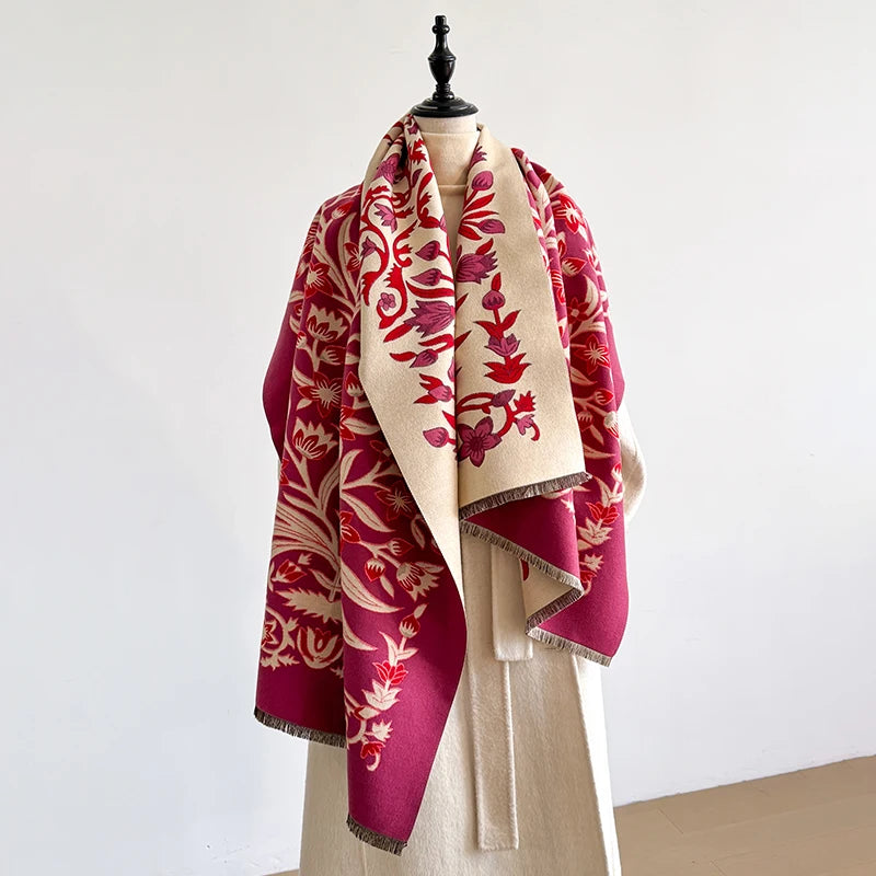 Damen Pashmina-Schal – Blumen-Jacquard, Doppelseitig & Warm, Winter