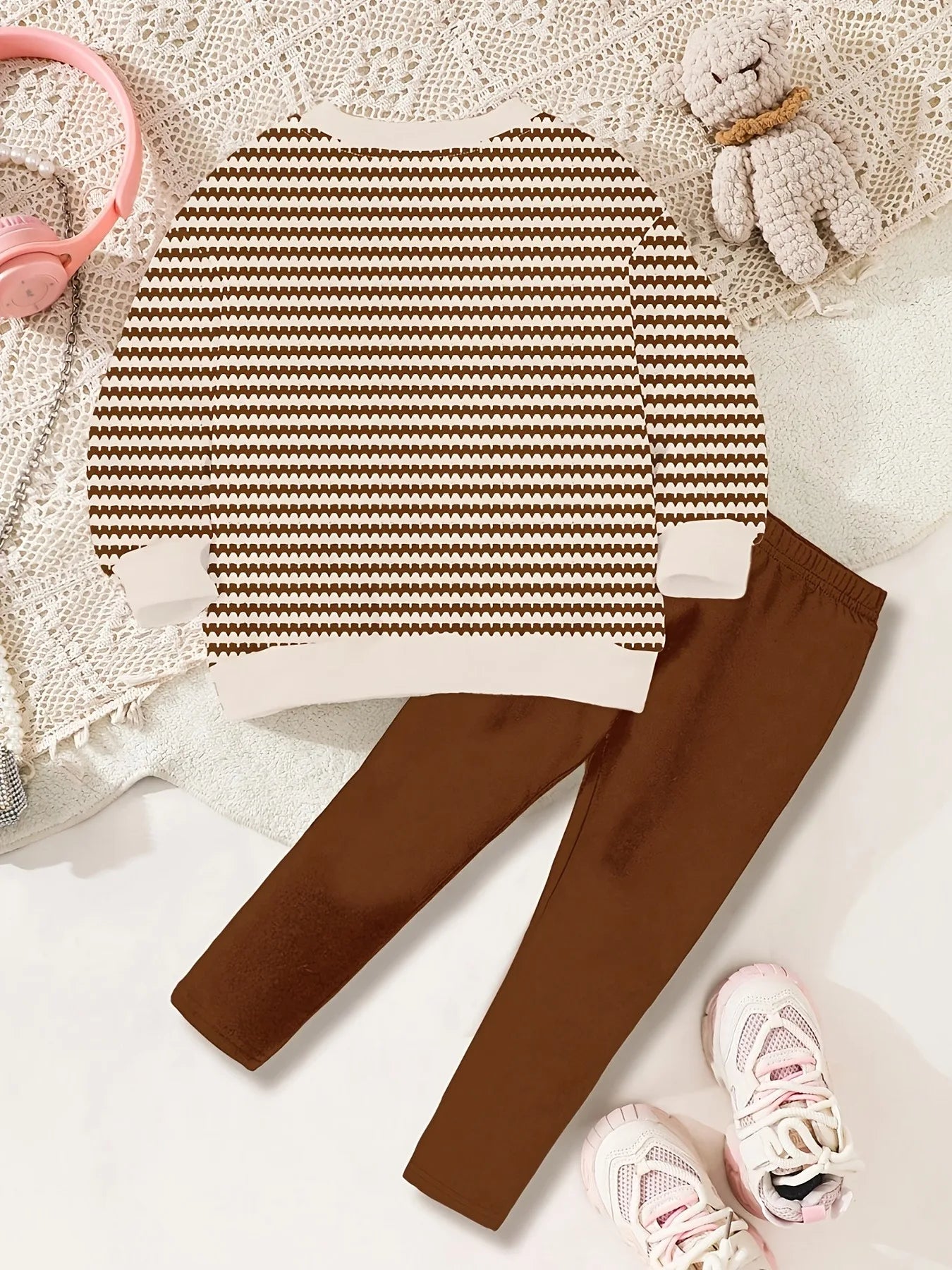 Mädchen 2-teiliges Set – Gestreifter Pullover mit 3D-Blumen & Leggings, Sommer