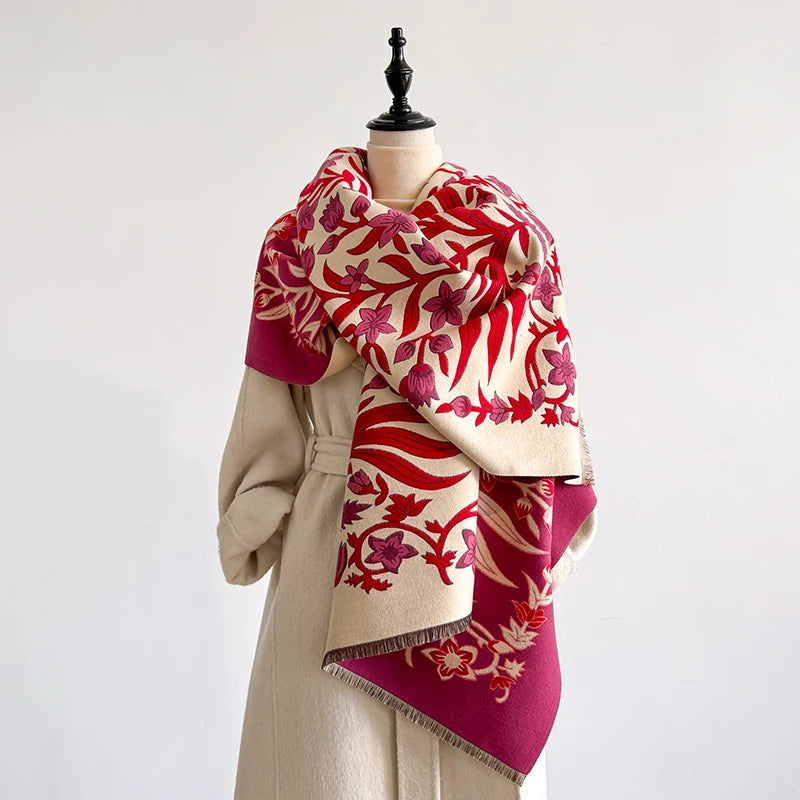 Damen Pashmina-Schal – Blumen-Jacquard, Doppelseitig & Warm, Winter